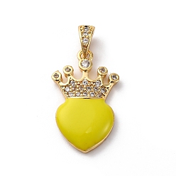 Yellow Brass Cubic Zirconia Pendants, with Enamel & Snap on Bail, Real 18K Gold Plated, Long-Lasting Plated, Lead Free & Cadmium Free, Heart & Crown, Yellow, 25x14.5x4mm, Snap on Bail: 3.5x7mm, Inner Diameter: 2.5x4mm