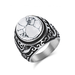 Говлит 304 Кольца для мужчин из нержавеющей стали с натуральным говлитом, овальные, античное серебро, размер США 10 (19.8 мм)