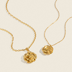 Real 18K Gold Plated 304 Stainless Steel Vintage 3D Rose Flower Pendant Necklaces for Women, Real 18K Gold Plated, 15.75 inch(40cm)