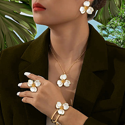 Белый Ожерелья с подвесками из цветочного сплава и эмали, комплекты из браслетов, колец и серег-гвоздиков, золотые, белые, 425 мм