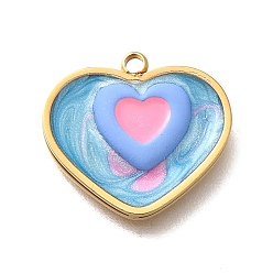 Bleu Ciel Foncé Laiton émail pendentifs, charmes de coeur, réel 18 k plaqué or, bleu profond du ciel, 14.5x16x3mm, Trou: 1.5mm