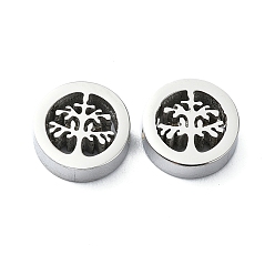 Stainless Steel Color Tarnish Resistant 304 Stainless Steel Beads, Flat Round with Tree, Stainless Steel Color, 10x3mm, Hole: 1.8mm