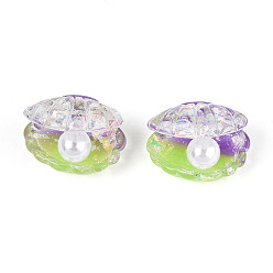 Желто-Зеленый Прозрачная смола и искусственный жемчуг кабошоны, формы раковины, с блеском порошок, два тона, желто-зеленый, 17x23.5~24x18.7 мм