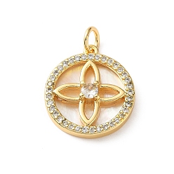 Real 18K Gold Plated Brass Micro Pave Clear Cubic Zirconia Pendants, with White Shell, Flat Round with Flower Charms, Cadmium Free & Lead Free, Rack Plating, Long-Lasting Plated, Real 18K Gold Plated, 18x16x4mm, Hole: 3.5mm