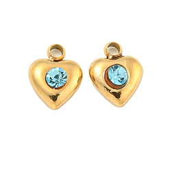 Аквамарин 304 подвески из нержавеющей стали, со стразами, сердце прелести, реальный 14 k позолоченный, аквамарин, 7x6x2.5 мм, отверстие : 1.2 мм