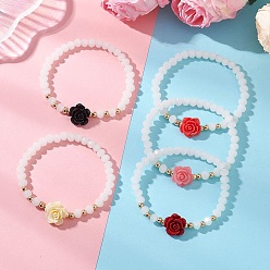 (52) Непрозрачная лаванда Стеклянные браслеты с синтетическим кораллом и бусинами в виде цветка розы для женщин., разноцветные, внутренний диаметр: 3 дюйм (2.09 см)