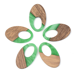 Green Opaque Resin & Walnut Wood Pendants, Oval, Green, 35.5x21.5x3mm, Hole: 16x10mm