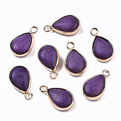 Indigo Synthetic Turquoise Pendants, with Light Gold Plated Brass Edge, Teardrop, Dyed, Indigo, 18~19x10.5x5mm, Hole: 2mm