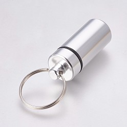 Silver Outdoor Portable Aluminium Alloy Small Pill Case, with Iron Key Ring, Silver, 50.5x17mm
