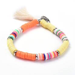 Light Yellow Cotton Thread Tassel Charm Bracelets, Stretch Bracelets, with Polymer Clay Heishi Beads Beads,  Flat Round Brass Bead Spacers and Tibetan Style Alloy Lotus Pendants, Light Yellow, 2 inch(5cm), 6mm