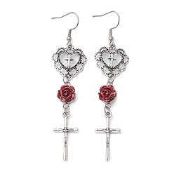 Red Alloy Heart & Cross & Resin Rose Dangle Earrings, Long Drop Earrings for Women, Red, 98x20mm
