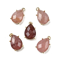 Клубничный Кварц Граненые подвески из натурального клубничного кварца, стойки с позолоченными латунными подвесками-каплями, 17x10x6 мм, отверстие : 1.5 мм