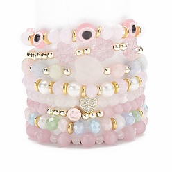 Pink 8Pcs 8 Style Mixed Gemstone & Shell Pearl & Cat Eye Stretch Bracelets Set, Cubic Zirconia Heart & Lampwork Evil Eye & Glass Flower Stackable Bracelets for Women, Pink, Inner Diameter: 2-1/8 inch(5.3~5.5cm), 1Pc/style