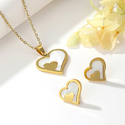 Белый 304 комплекты из серег-гвоздиков и ожерелий с подвесками из нержавеющей стали и акрила, сердце, белые, 400 мм