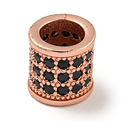 Розовое Золото Латунные европейские бусины с микропаве черного циркония, колонка, розовое золото , 8x7.5 мм, отверстие : 5 мм