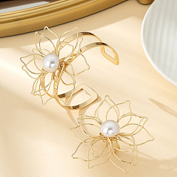 Золотой Наборы из железных браслетов и колец с полыми цветами, с пластиковой имитационной жемчужиной, золотые, браслеты: внутренний диаметр: 60мм; кольцо: внутренний диаметр: 18мм