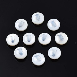 Platinum Natural Freshwater Shell Beads, with Brass Metal Embellishments, Flat Round with Owl, Platinum, 8x4~5mm, Hole: 0.6mm