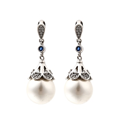 Платина Круглые подвески из ракушечного жемчуга, с 925 подвесками из стерлингового серебра с прозрачным кубическим цирконием, родий, белые, платина, 26.5x12 мм, отверстие : 5.5x2 мм