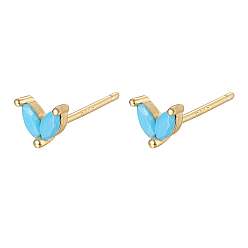 Cyan Boucles d'oreilles dorées en argent sterling avec micro pavé de zircones cubiques, feuille, cyan, 925mm