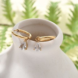 Золотой Ионное покрытие (ip) 304 серьги-кольца из нержавеющей стали с микропаве из кубического циркония, слеза, золотые, 21 мм, штифты : 0.8 мм