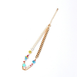 Colorful Beaded Choker Necklaces, with Glass Beads, Resin Beads and Brass Curb Chains, Smiling Face, Golden, Colorful, 15.19 inch(38.6cm)