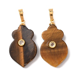 Тигровый глаз Природных тигровый глаз подвески, Подвески в виде морковок с фурнитурой из латуни, инкрустированной микрофиброй., золотые, 30x17x8 мм, отверстие : 7x4 мм