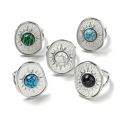 Нержавеющая Сталь Цвет 304 открытые манжеты из нержавеющей стали, Овальные кольца на палец из синтетического малахита и бирюзы для женщин и мужчин, цвет нержавеющей стали, регулируемый