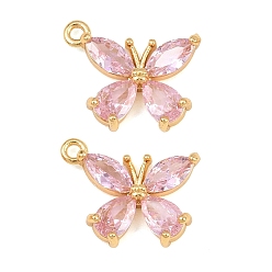 Pink Brass Pave Cubic Zirconia Pendants, Butterfly Charms, Real 18K Gold Plated, Pink, 17.5x15x3mm, Hole: 1.4mm