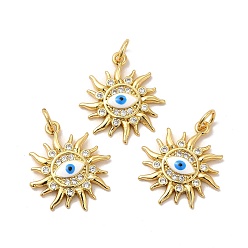 Real 18K Gold Plated Rack Plating Brass Micro Pave Cubic Zirconia Pendants, with Jump Rings & Enamel, Long-Lasting Plated, Lead Free & Cadmium Free, Sun with Evil Eye Charm, Real 18K Gold Plated, 20x17x2.5mm, Hole: 3.5mm