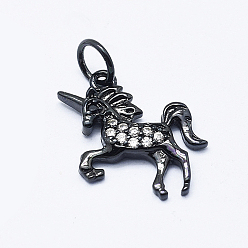 Черный Цвет Металла Латунные микро проложить кубического циркония подвески, без кадмия, без никеля и без свинца, единорог, металлический черный , 15x15x2.5 мм, отверстие : 3 мм