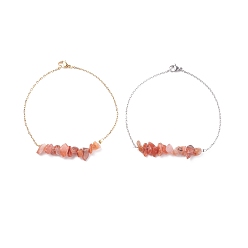 Red Agate Natural Red Agate Chips Beaded Anklets Set with 304 Stainless Steel Cable Chains, Gemstone Jewelry for Women, 9.84 inch(25cm), 1Pc/color
