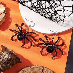 Золотой Болтающие серьги из стекла, с бусинами из натурального обсидиана и 304 крючками для сережек из нержавеющей стали., паук, для Хэллоуина, золотые, 42.5x43 мм