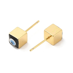 Black Long-Lasting Plated Cube with Enamel Evil Eye Stud Earring, Real 18K Gold Plated Brass Jewelry for Women, Black, 6x6mm, Pin: 0.8mm