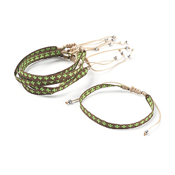 Green Unisex Adjustable Braided Bead Bracelets, with Stainless Steel Beads, Light Green, 1-7/8 inch~3 inch(4.7~7.5cm)