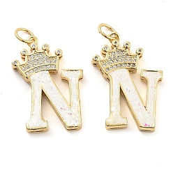 Letter N Латунные микропаве прозрачные подвески с фианитом, без кадмия и без свинца, с синтетическим опалом, реальный 18 k позолоченный, с целью перехода в кольце, Письмо N, 26.5~33x14~23.5x3.5~4.5 мм, отверстие : 4.5 мм