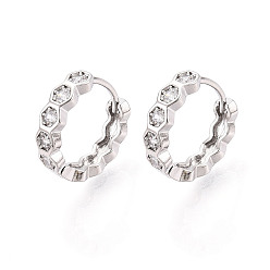 Платинированный Серьги-кольца из латуни с микропаве из прозрачных кубических цирконий шестигранной формы, Реальная платина, 14x15x3.5 мм