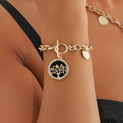 Золотой Браслеты из сплава и акрила с подвесками в виде ракушек, браслеты-цепочки для женщин, плоские круглые с дерева жизни картины, с кристально горный хрусталь, золотые, 8.27 дюйм (21 см)