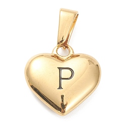 Letter P 304 Stainless Steel Pendants, Heart with Black Letter, Golden, Letter.P, 16x16x4.5mm, Hole: 7x3mm