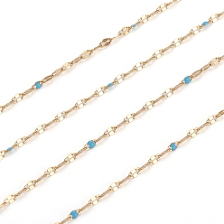 Deep Sky Blue Handmade 304 Stainless Steel Dapped Chains, Cable Chains, with Enamel and Spool, Soldered, Flat Oval, Long-Lasting Plated, Deep Sky Blue, 3x1.5x0.1~1mm, about 32.8 Feet(10m)/roll