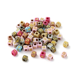 Золотистый Непрозрачные акриловые бусины, куб с письмом, золотой металл обвитыми, золотые, 4.5x4.5x4.5 мм, отверстие : 2 мм, Около 5200 шт / 500 г