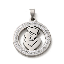 Stainless Steel Color 304 Stainless Steel with Rhinestone Pendants, Mom, for Mother's Day, Stainless Steel Color, 25x22x2mm, Hole: 6x3.2mm