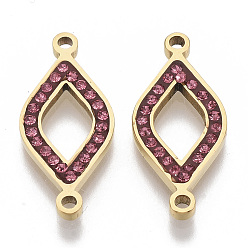 Rose 304 Stainless Steel Links connectors, with Rhinestone, Rhombus, Golden, Rose, 24x11x2mm, Hole: 1.5mm