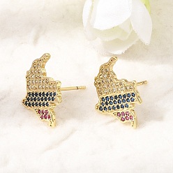 Real 18K Gold Plated Brass Micro Pave Cubic Zirconia Stud Earrings for Women, Map, Lead Free & Cadmium Free, Rack Plating, Long-Lasting Plated, Real 18K Gold Plated, 16.5x12.5mm
