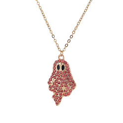 Light Rose Halloween Alloy Rhinestone Enamel Ghost Pendant Necklaces for Unisex, Golden, Light Rose, 17.72 inch(45cm)