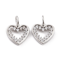 Платина Латунные микро проложить кубического циркония подвески, с прыжковых колец, долговечный, без кадмия и без свинца, сердце, Реальная платина, 10x11x1.5 мм, отверстие : 3.6 мм