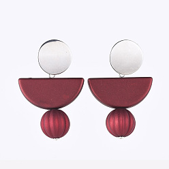 Dark Red Rubberized Style Acrylic Dangle Earrings, with 304 Stainless Steel Stud Earring Findings and Ear Nuts, Pumpkin & Half Round, Dark Red, 58mm, Pin: 0.8mm