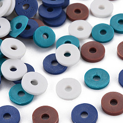 Creamy White 4 Colors Handmade Polymer Clay Beads, Heishi Beads, Disc/Flat Round, Creamy White & Sienna & Dark Cyan & Prussian Blue, 8x0.5~1.5mm, Hole: 2mm, about 11500pcs/1000g