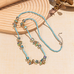Небесно-голубой Богемный стиль отпуск стеклянные капли куб круглые бусины длинные женские винтажные модные ожерелья, платина, голубой, 35.04 дюйм (89 см)