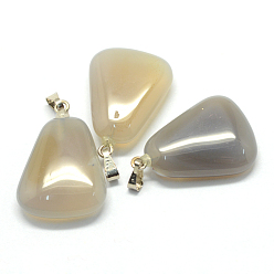 Grey Agate Trapezoid Natural Grey Agate Pendants, with Platinum Tone Brass Findings, 24~25.5x16.5~17x5~6mm, Hole: 2x7mm