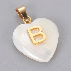 Letter B Shell Anhänger, mit 304 Edelstahl Zubehör, Herz mit Brief, golden, letter.b, 23.5x20x7 mm, Bohrung: 3.5x7 mm